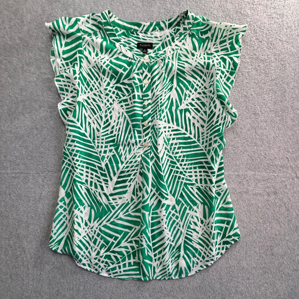 Talbots Green White Leaf Print Short Sleeve Button Neck Blouse Size 8